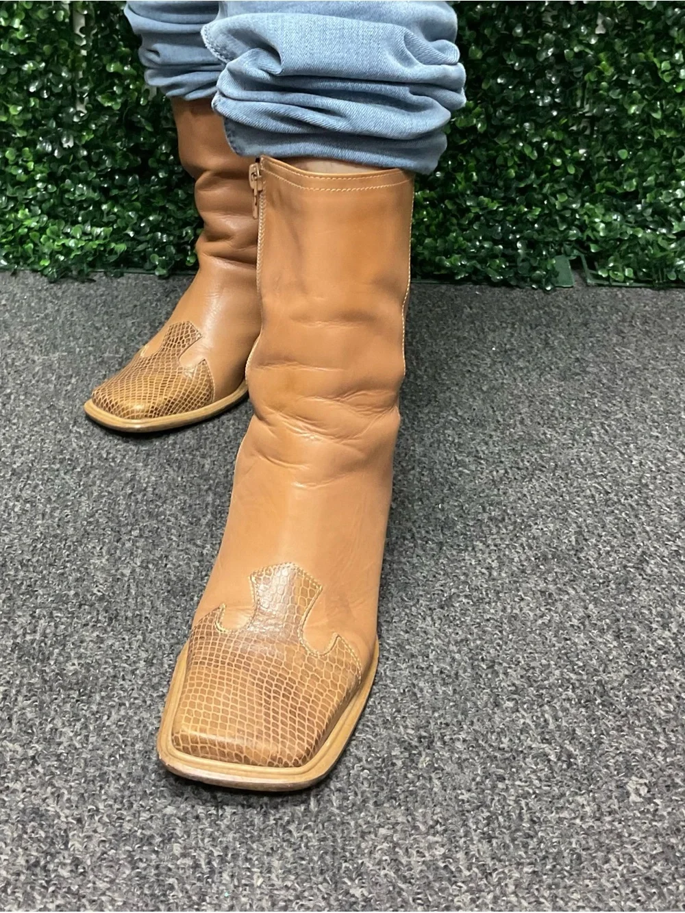 Vintage Y2K Diba Tan Leather Block Heel Boots with Snake Trim